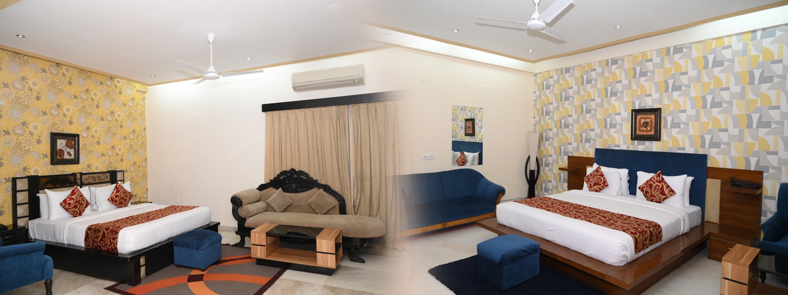 Super Deluxe room panorama — two beds, floral wallpaper, blue upholstery, ornate sofa