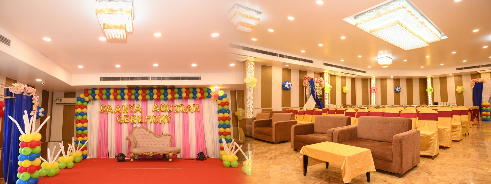 Mantra banquet hall — stage, chandeliers, event seating